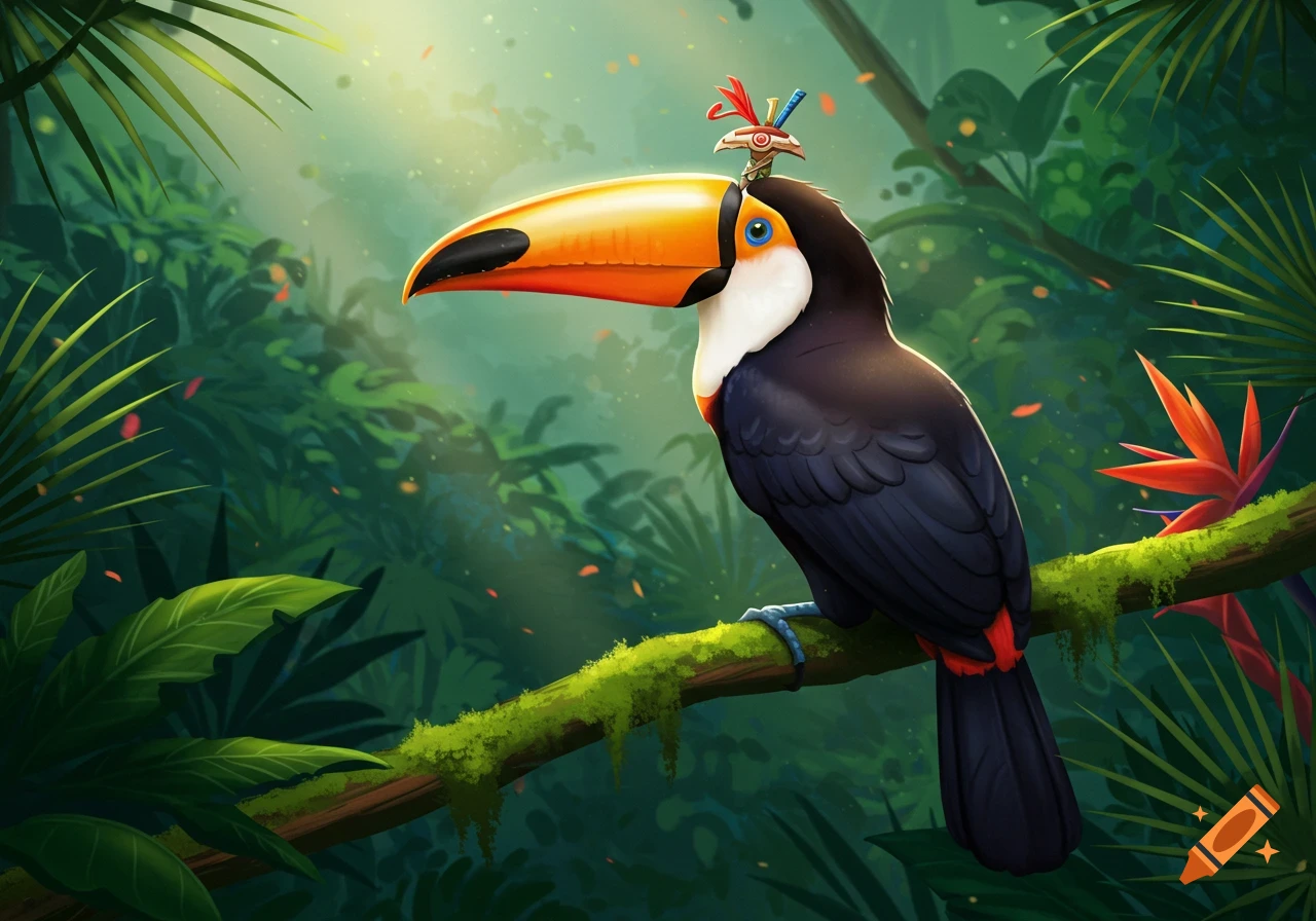 A colorful, stylized toucan wearing a small decorative headdress sits on a mossy branch in a lush, sunlit jungle.