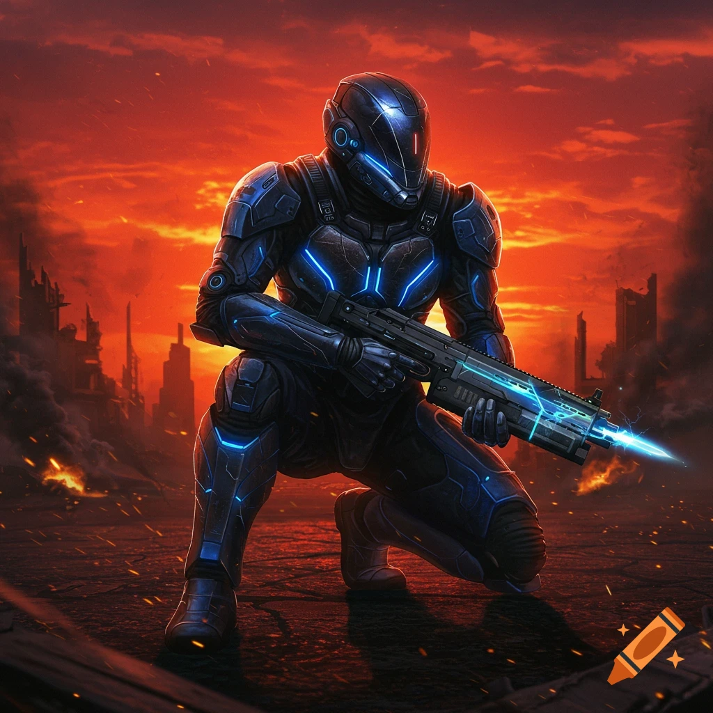 A futuristic soldier in dark armor with glowing blue accents kneels with a rifle against a burning, orange sky and ruined city.