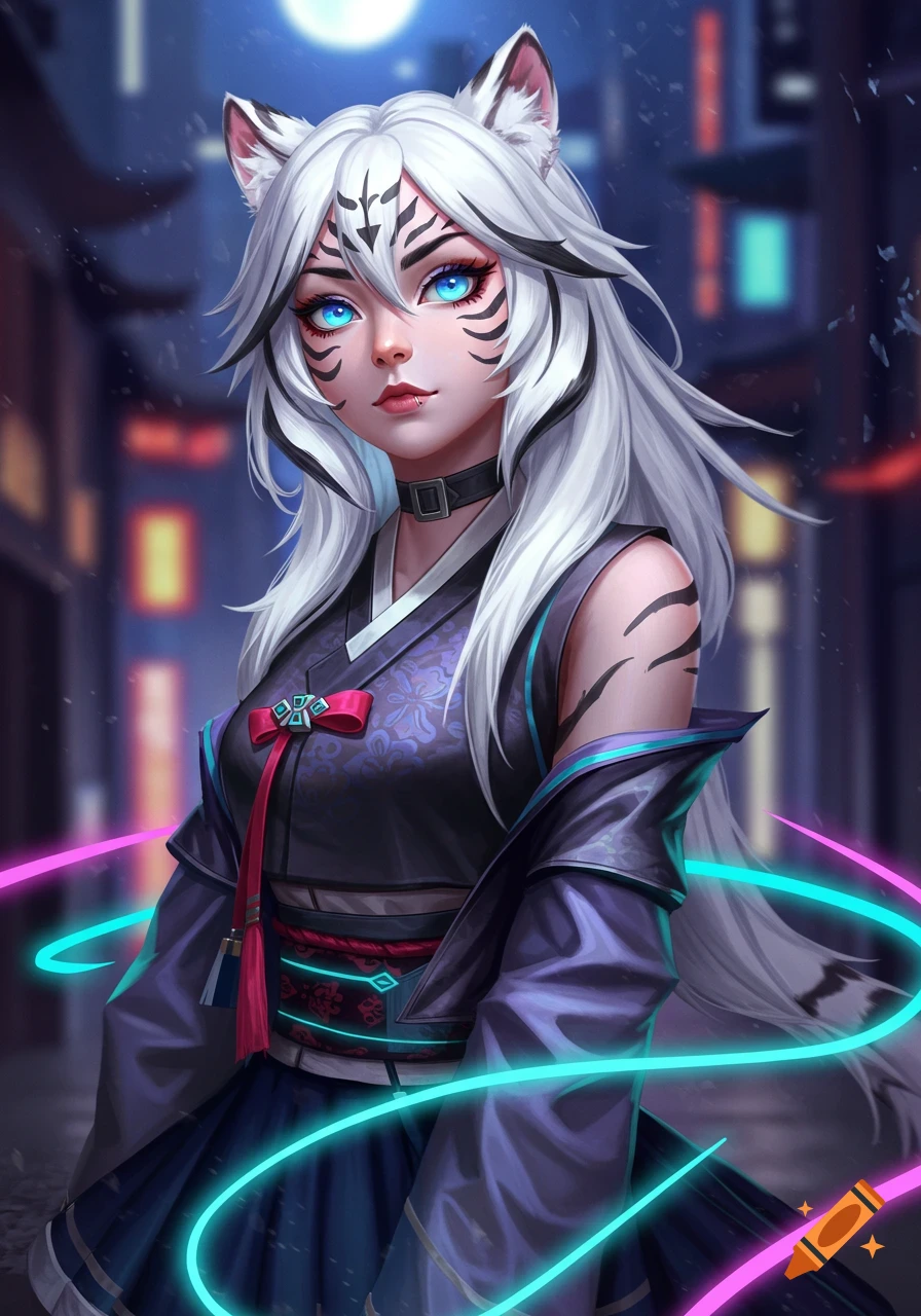 An anime-style white tiger girl with blue eyes, white hair, and tiger markings, wearing a modernized hanbok in a neon-lit city at night.