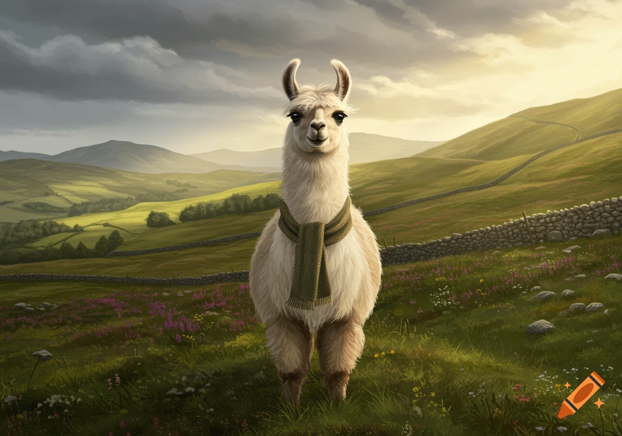 A fluffy white llama wearing a green scarf stands in a grassy, hilly field with stone walls under a dramatic sky.