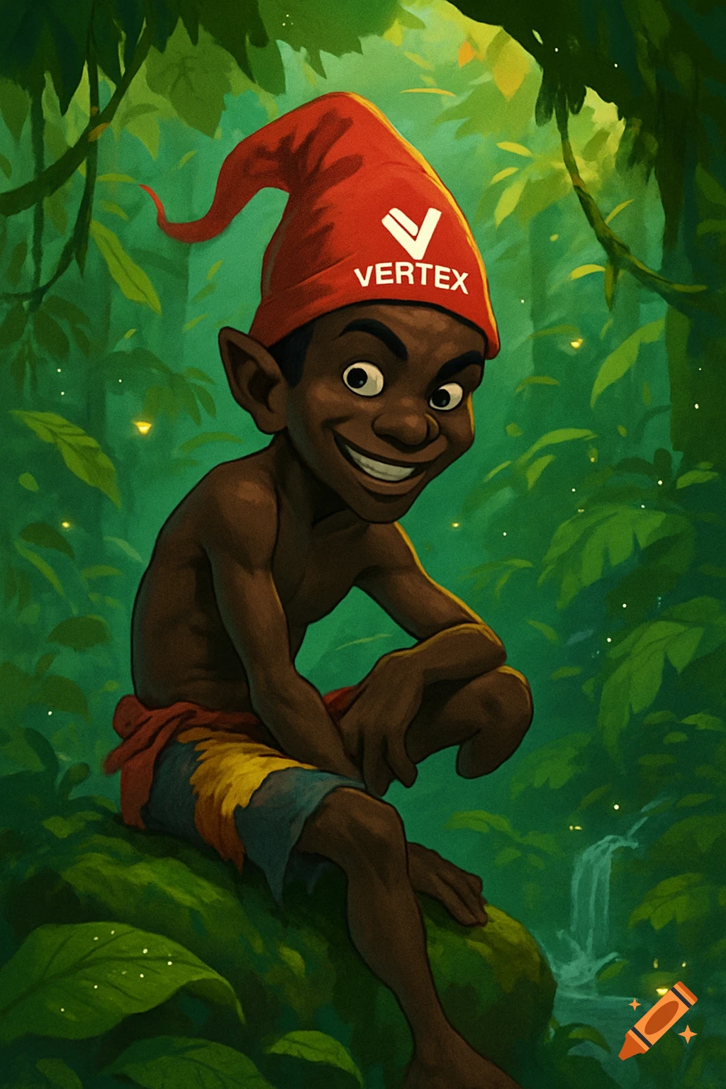 A mischievous cartoon character resembling Saci Perere with dark skin and a red hat with 'VERTEX' on it, sitting in a lush jungle.
