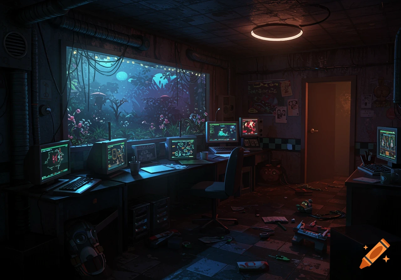 A dark, cluttered office with multiple computer screens and a large window showing a vibrant, fantastical jungle at night.