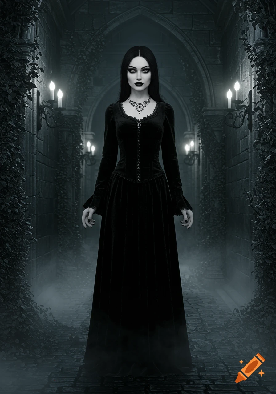 A gothic woman in a black velvet dress with pale skin stands in a dark, candlelit stone hallway adorned with vines.