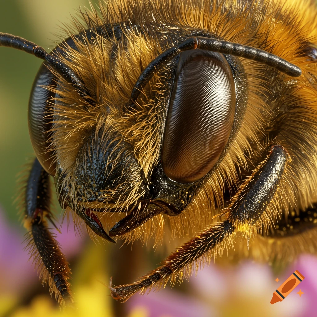 Extreme close-up of a bee's furry head and large compound eyes, with a blurred green and pink background.