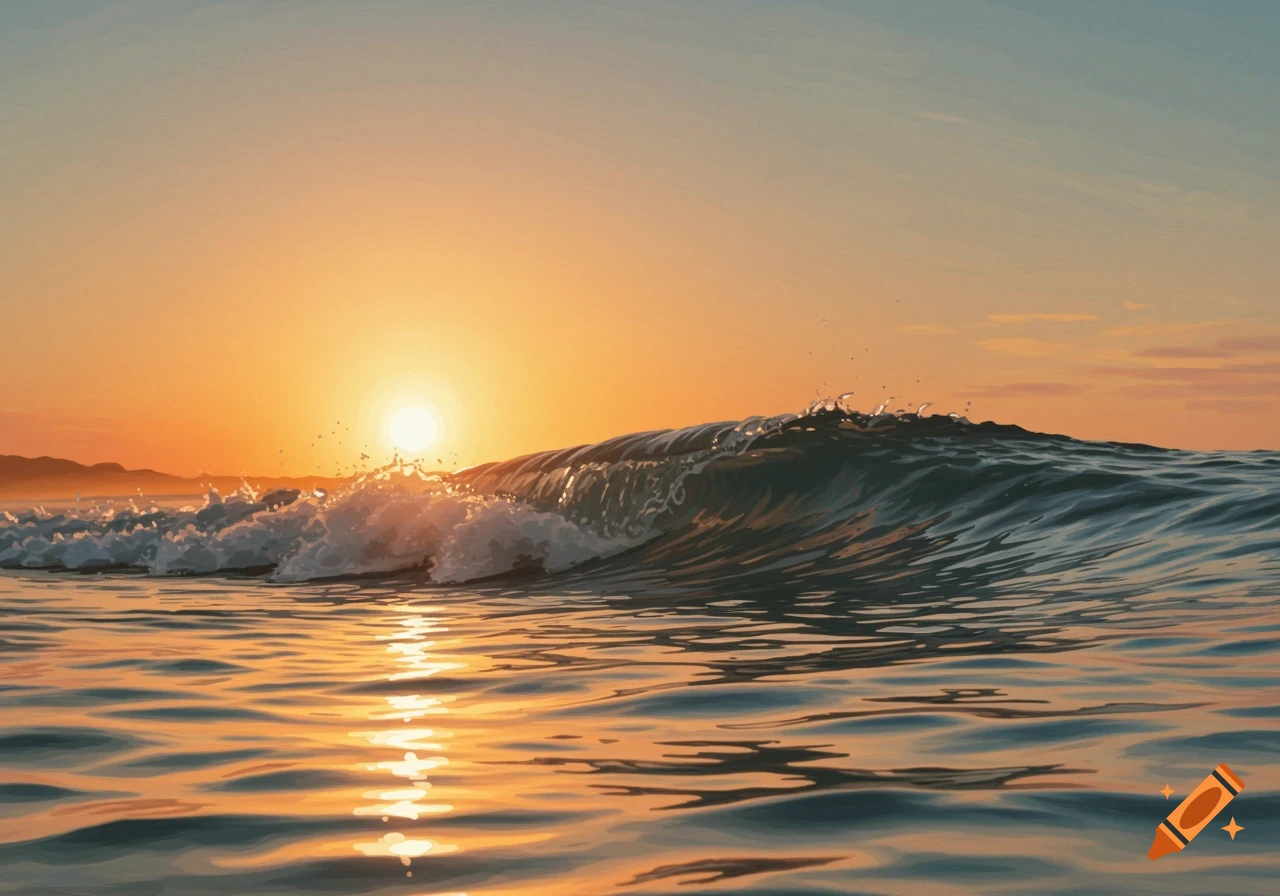 A serene digital painting of an ocean wave cresting at sunset, with warm orange sunlight reflecting on the water.