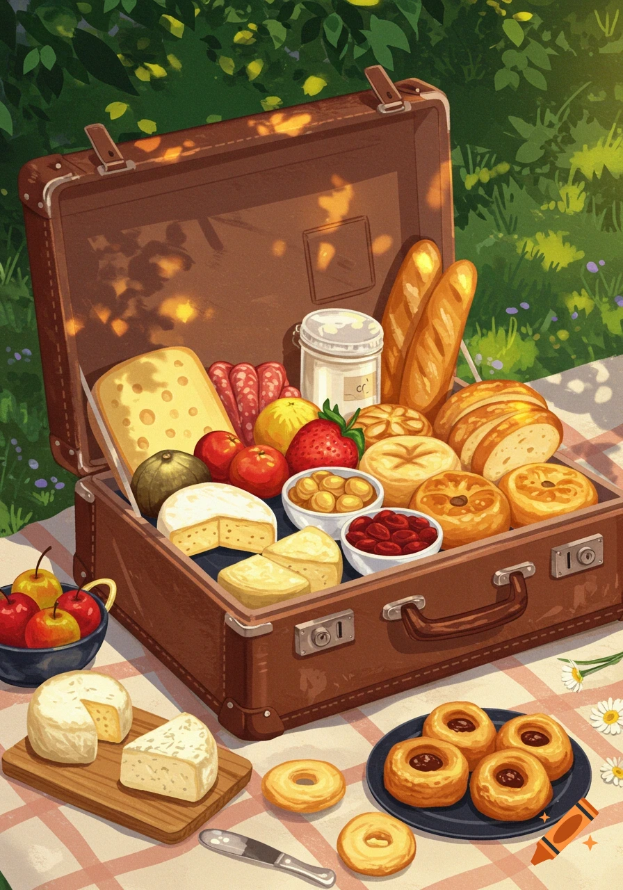 A brown open suitcase filled with various foods for a picnic, including cheeses, bread, fruits, and pastries, on a checkered blanket in a sunny park. Illustrated style.