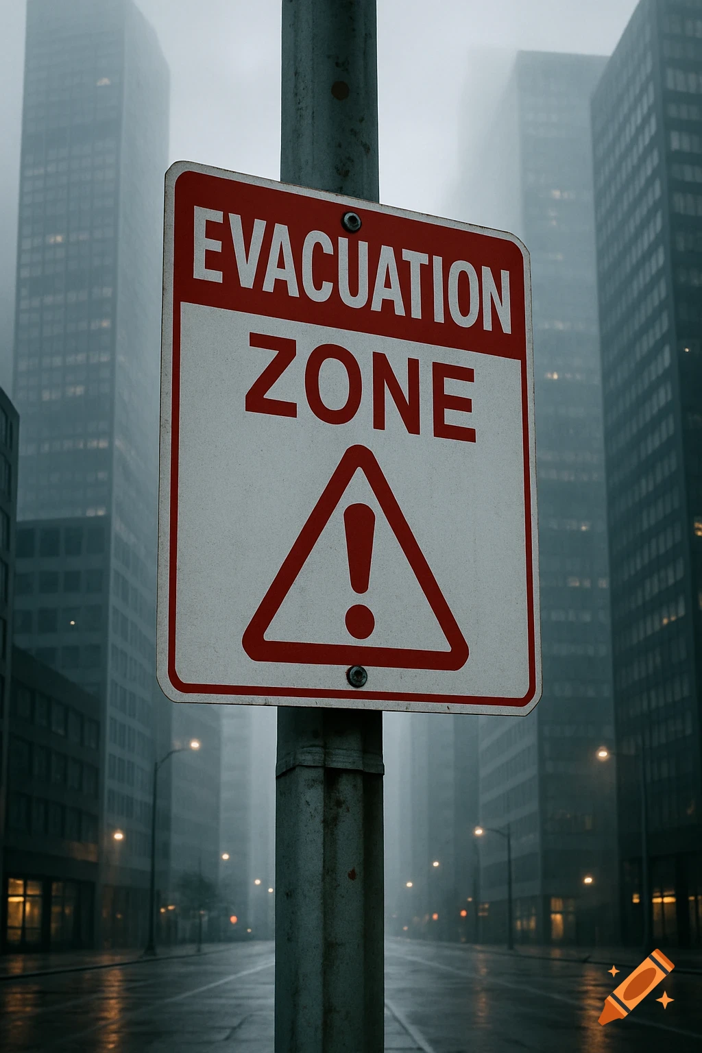 A close-up of a red and white 'EVACUATION ZONE' sign on a pole in a foggy, wet city street with tall buildings.