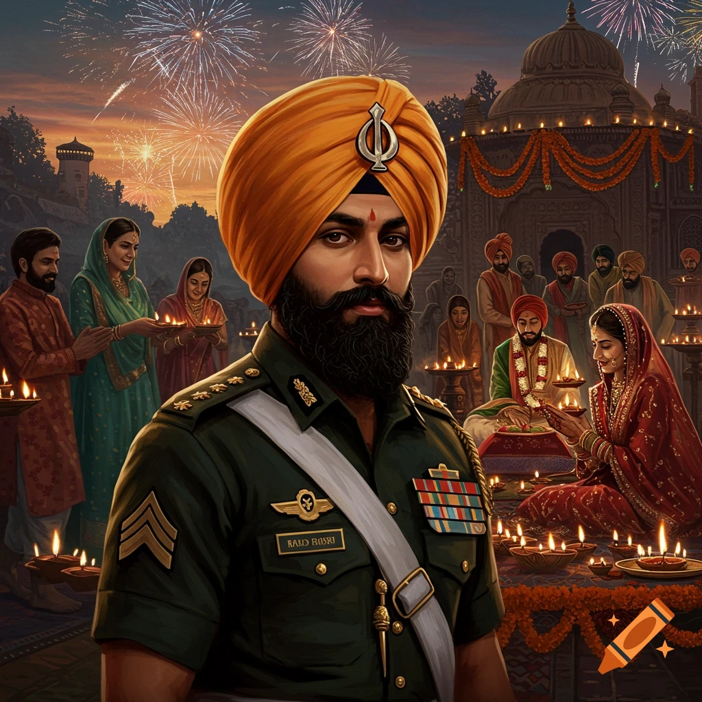 A man in a turban and military uniform stands prominently amidst a festive scene with people, diyas, fireworks, and a temple at dusk.