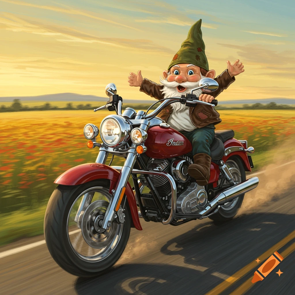 A happy cartoon gnome in a green hat and brown jacket rides a red Indian motorcycle down a road at sunset, arms outstretched.