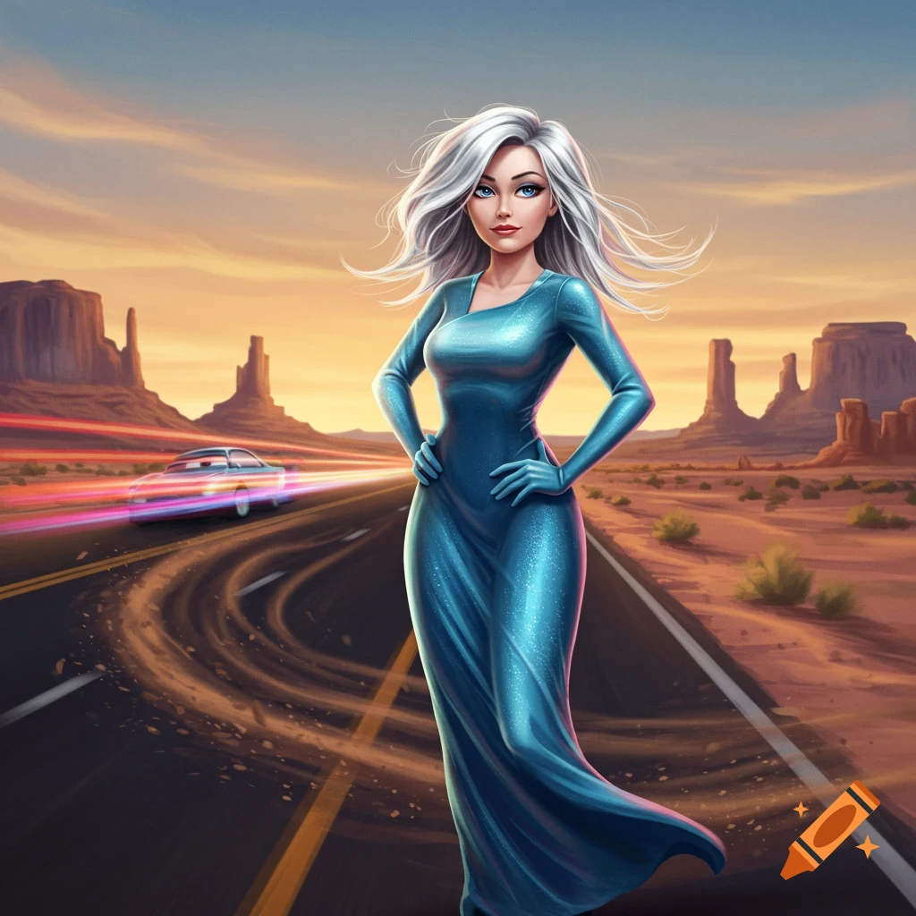 An illustrated woman with white hair in a shimmering blue dress stands on a desert road with a speeding car behind her and mesas in the background.