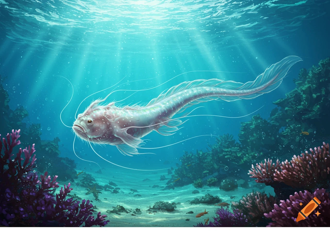 A long, translucent tadpole-frogfish-dragon hybrid creature with whiskers swims in a vibrant coral reef underwater.