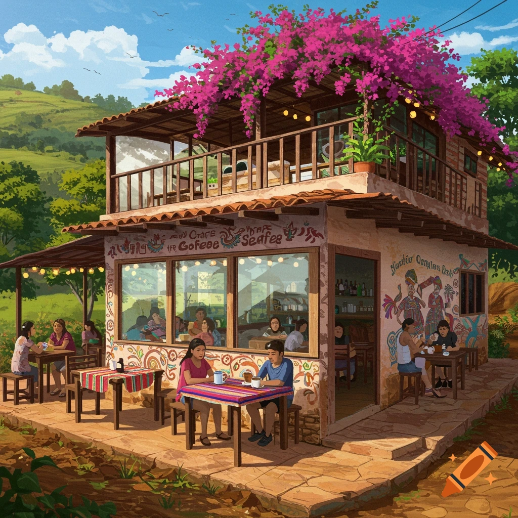 A vibrant, two-story cafe building with a balcony and pink bougainvillea, with people sitting inside and outside, in an illustrative style.