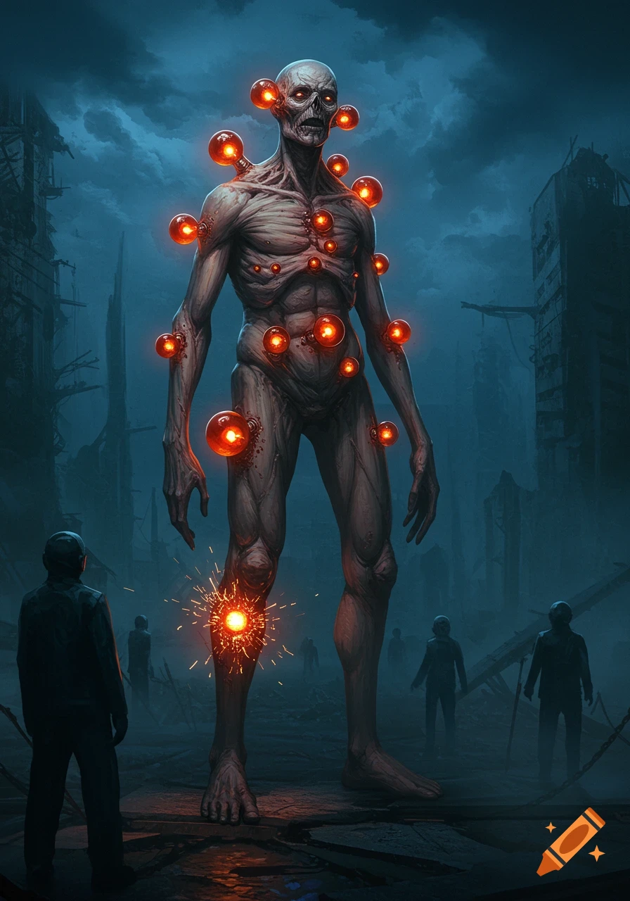 A giant, pale, muscular creature covered in glowing orange orbs stands in a ruined city, while small human figures look up at it.