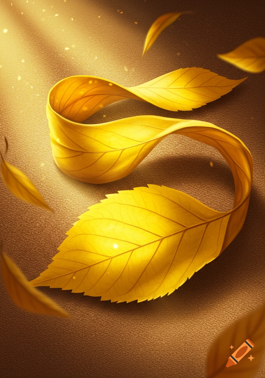 A large yellow leaf curved into an S-shape on a textured brown surface, with smaller leaves and light particles.