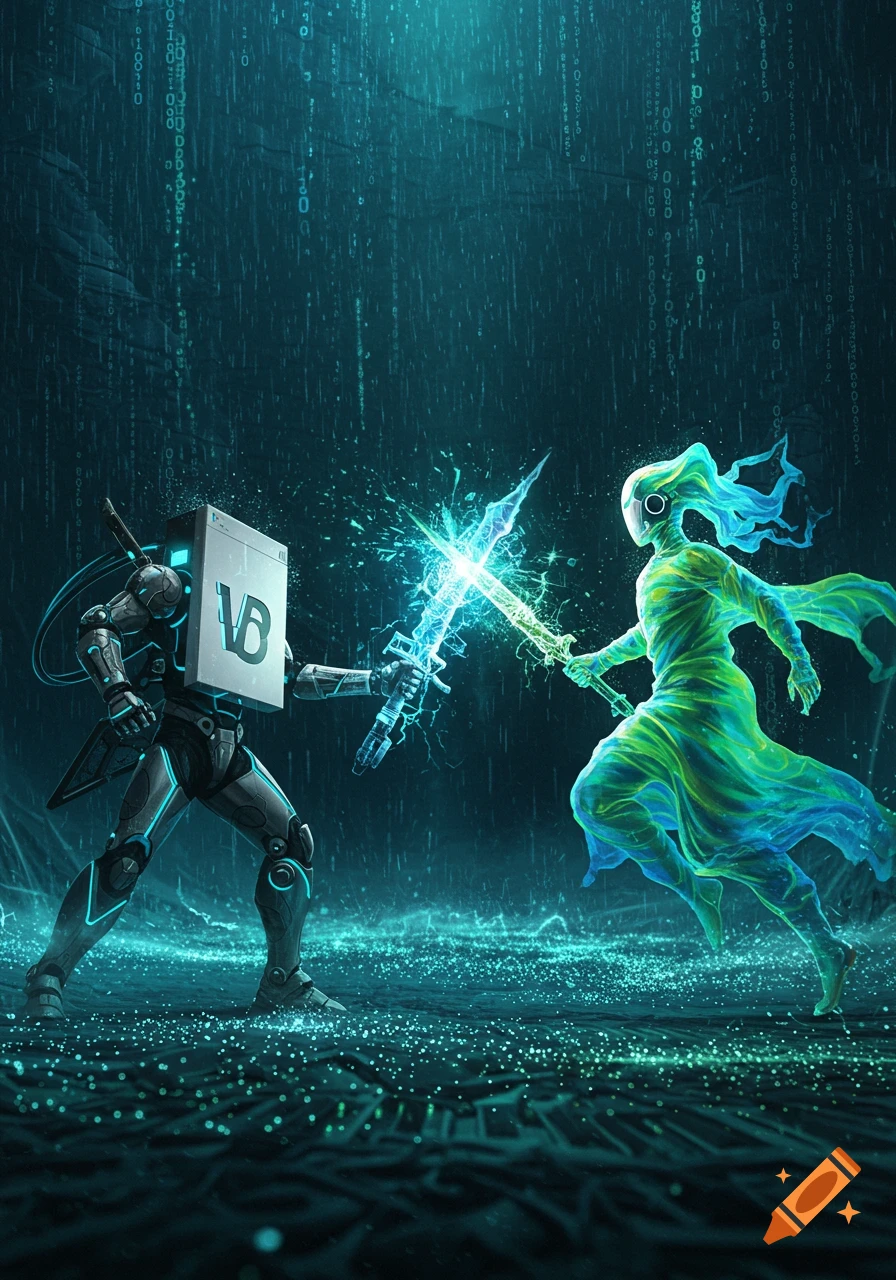 A robot with a 'VB' logo on its chest battles a glowing, spectral figure with energy swords in a digital landscape with falling binary code.