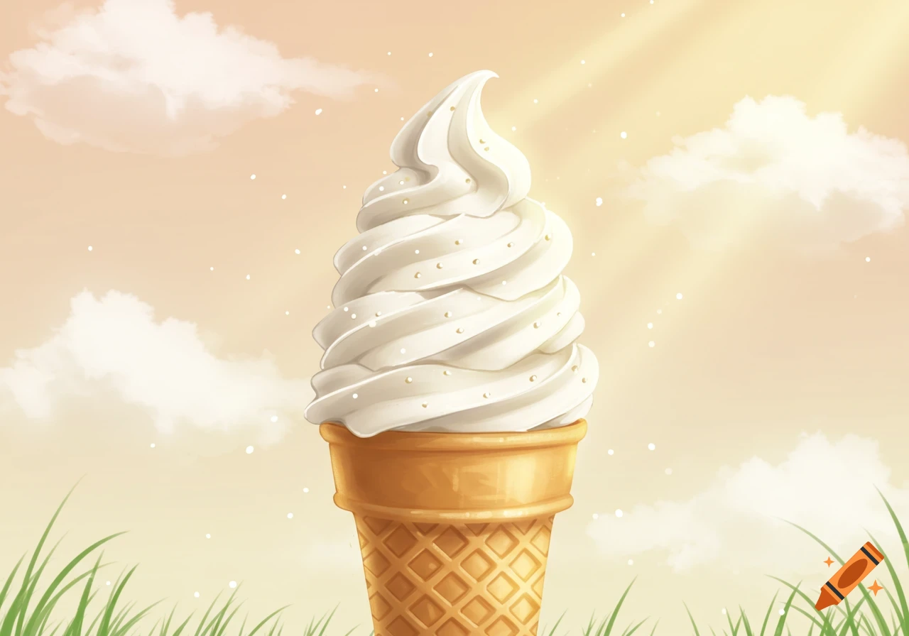 A vanilla soft-serve ice cream cone with sprinkles against a warm, sunny sky with clouds and green grass, illustrated style.
