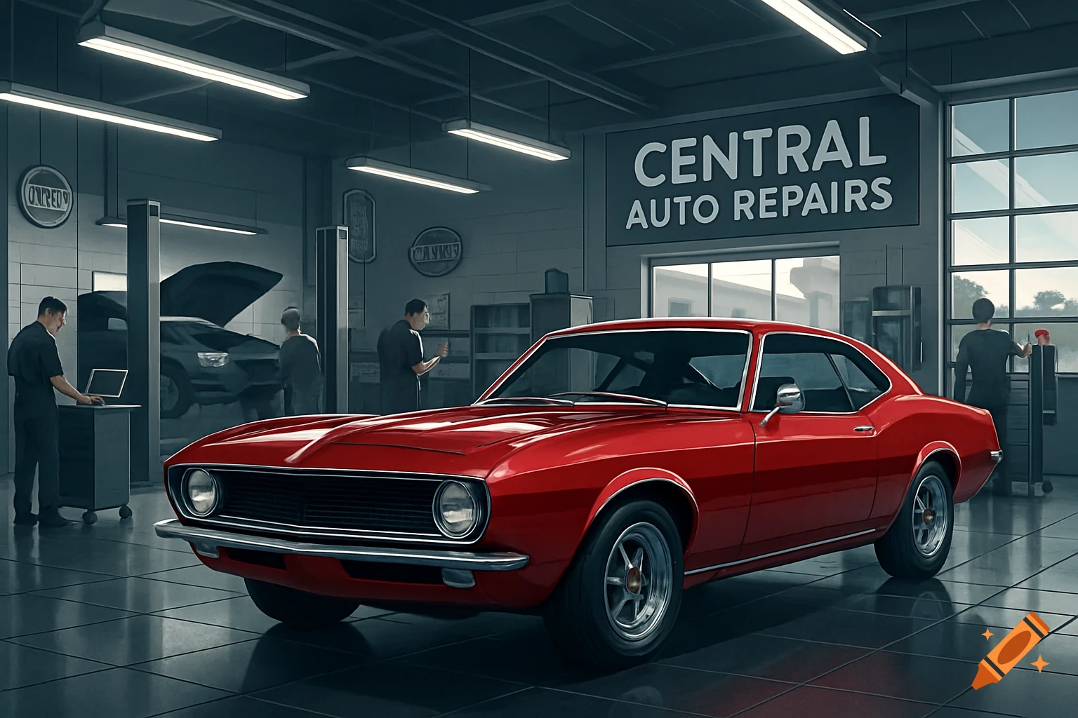 A photorealistic image of a classic red car parked prominently in a well-lit auto repair shop with mechanics working in the background.