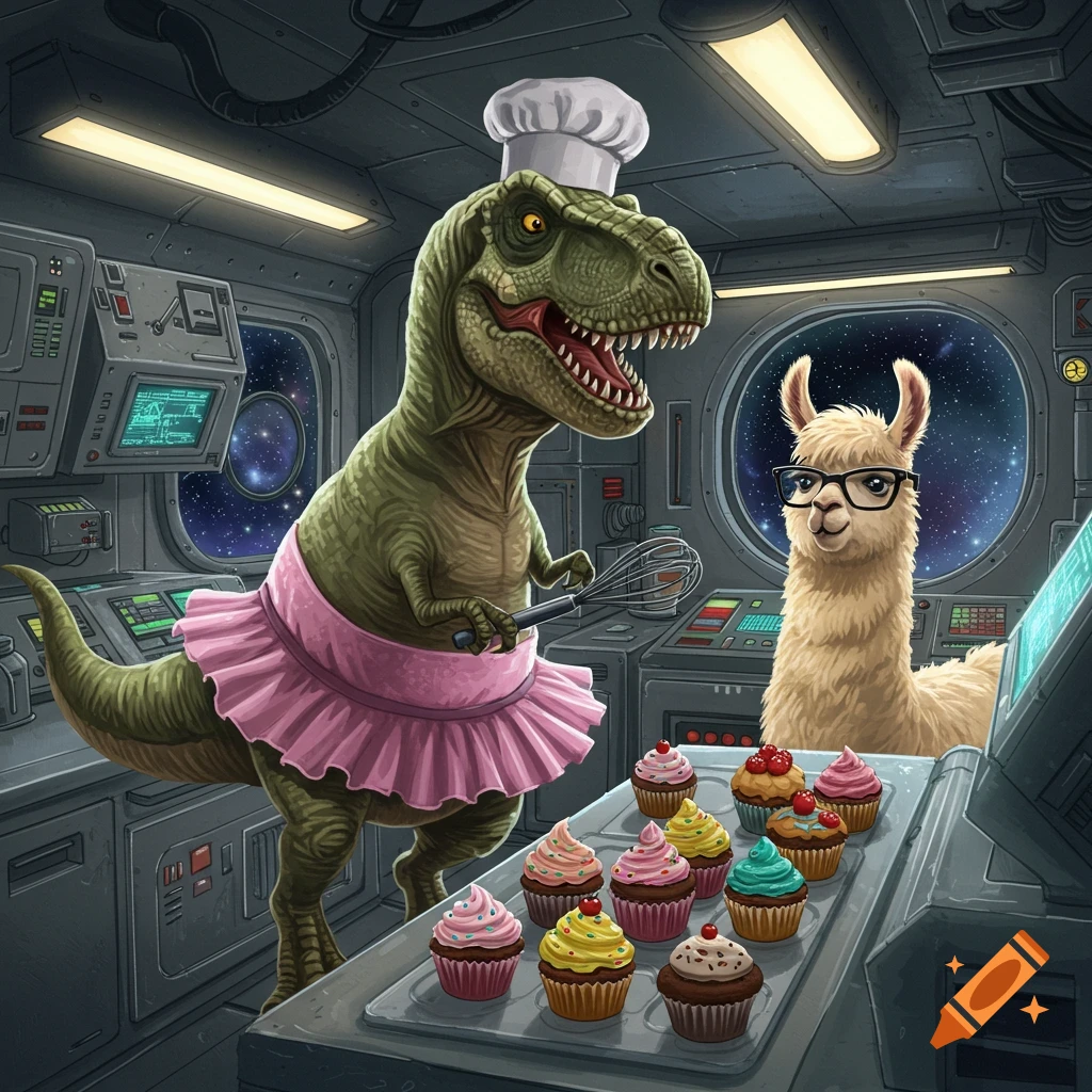 A T-Rex wearing a chef's hat and a pink tutu bakes cupcakes in a spaceship kitchen, while a llama in glasses watches.
