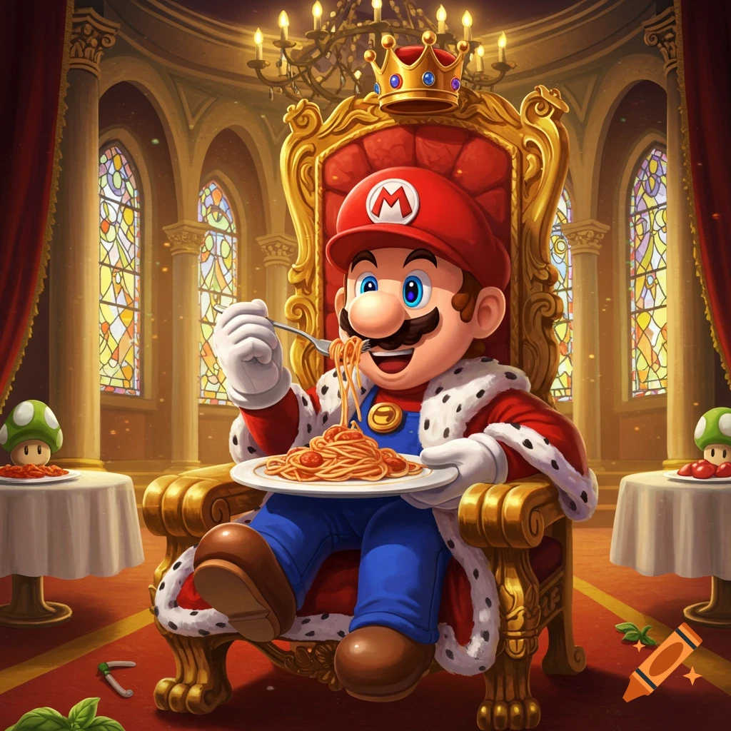King Mario in a regal hall eats spaghetti from a gold throne, with mushroom characters on tables beside him.