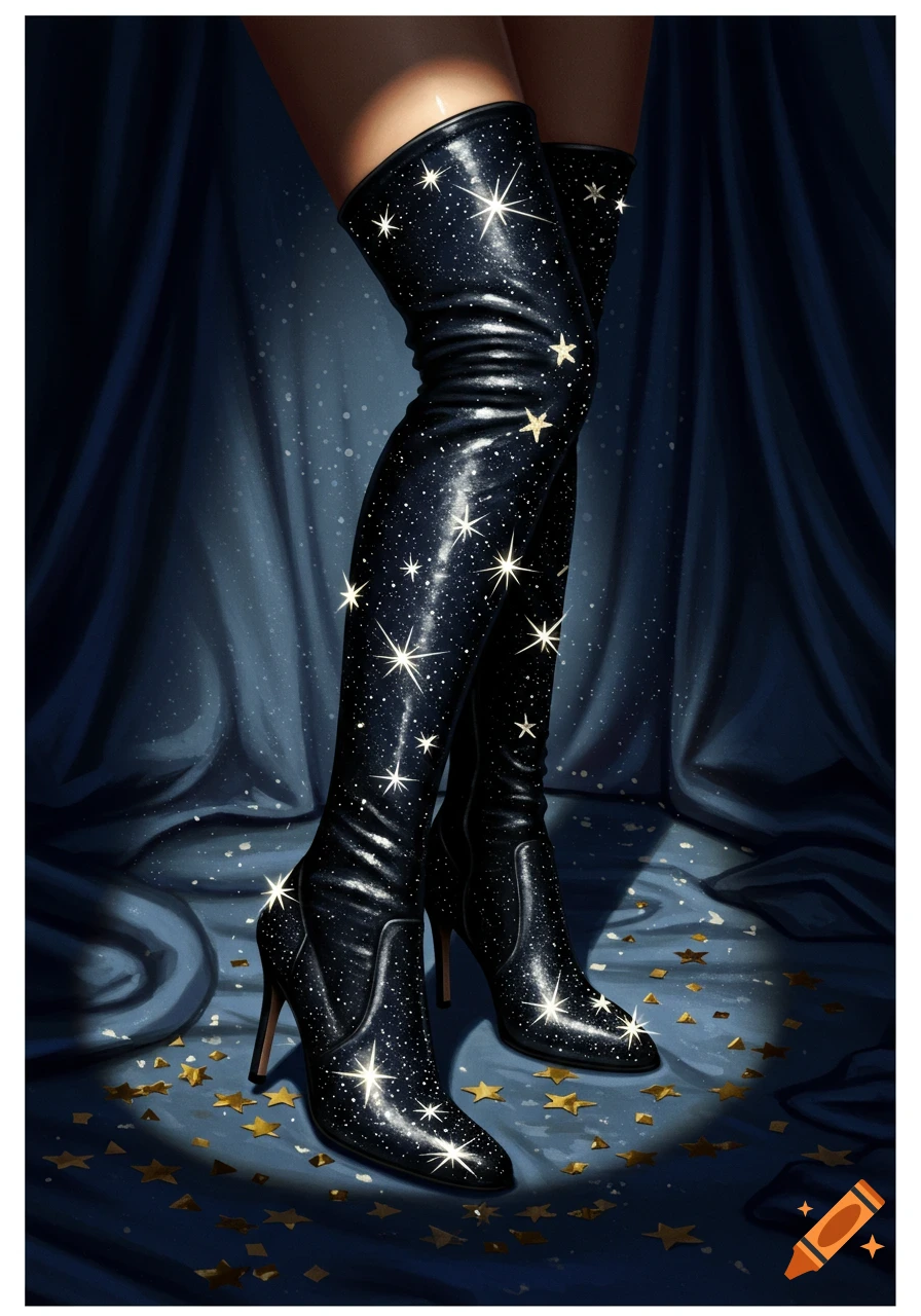 Pair of legs in black starry thigh-high boots standing on a dark blue draped fabric with golden stars.