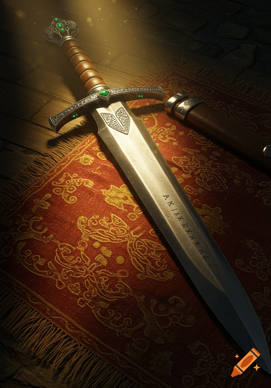 A detailed medieval sword with a leather hilt and green gems lies on a red, patterned cloth, bathed in light.