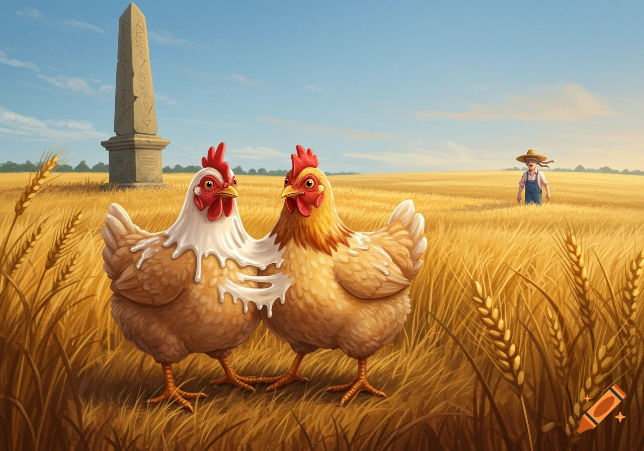 Two illustrated chickens are in a golden field with an obelisk and a blindfolded farmer in the background.