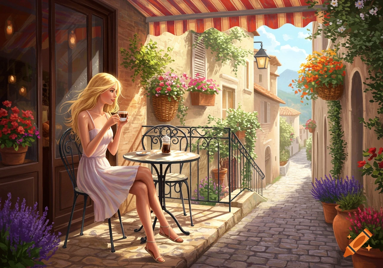 A blonde woman in a white dress sips coffee at an outdoor cafe table, surrounded by flowers and charming European architecture in a painted style.