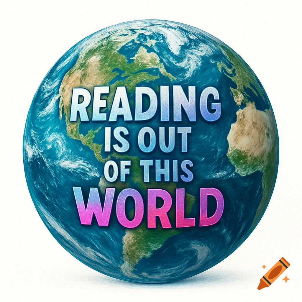 A detailed globe of planet Earth with the text 'READING IS OUT OF THIS WORLD' on its surface.