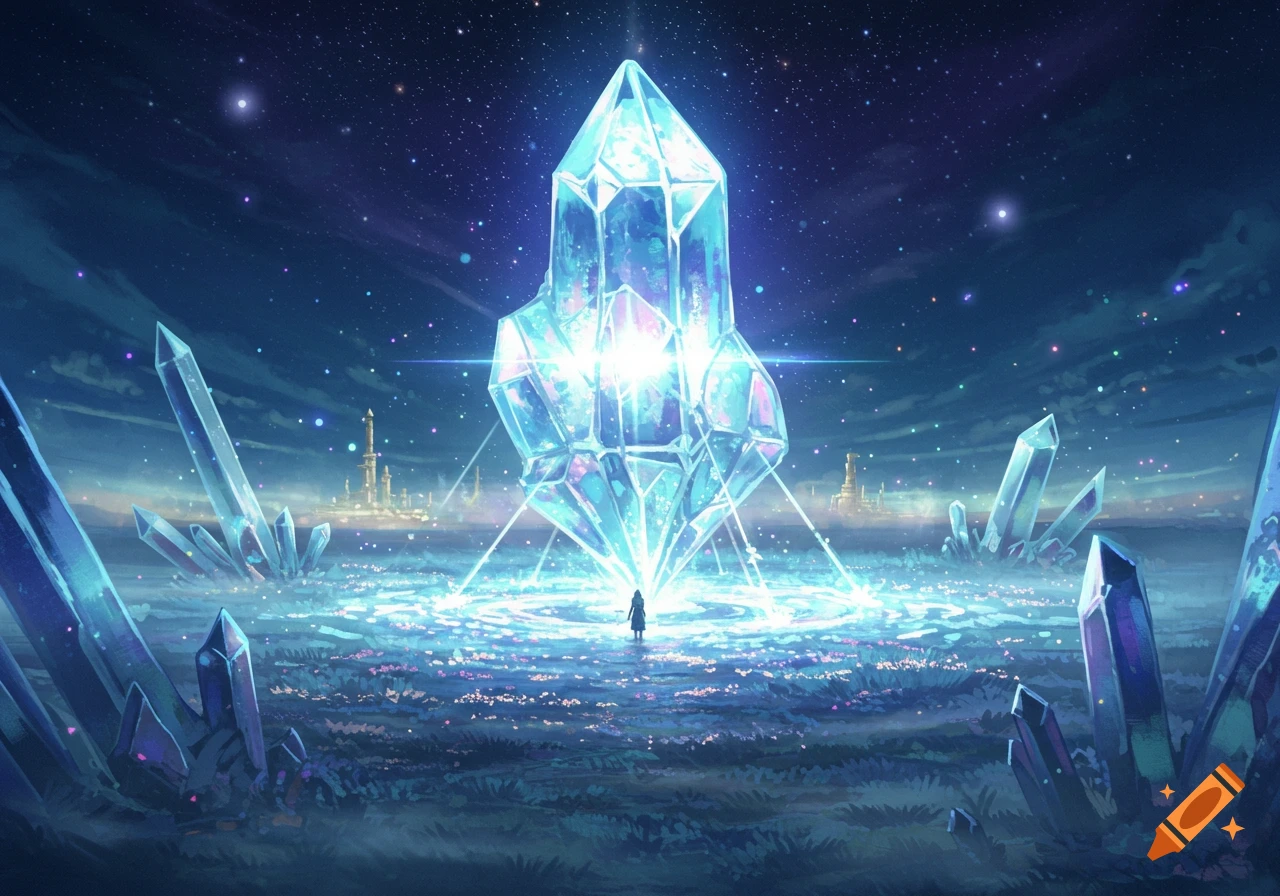 A giant glowing blue crystal stands in a landscape filled with smaller crystals under a starry night sky, with a small figure at its base and distant buildings.