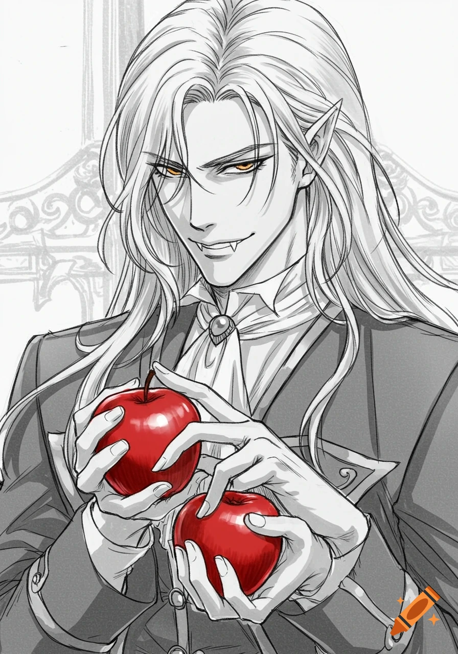 Anime sketch of a smirking male vampire with long white hair, sharp canines, and yellow eyes, holding two red apples.