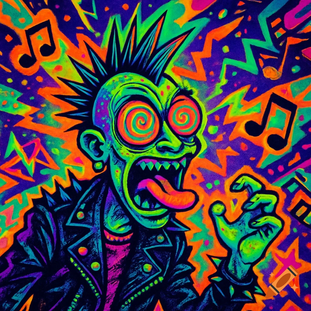 A vibrant, neon-colored punk rock character with a mohawk and wide, spiraling eyes, screaming with tongue out, against a background of abstract shapes and musical notes.