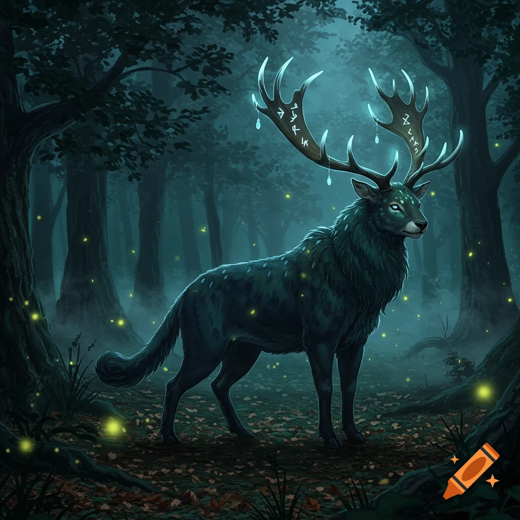 A mystical dark green deer-like creature with glowing blue eyes and glowing runes on its large antlers stands in a dark, firefly-lit forest.