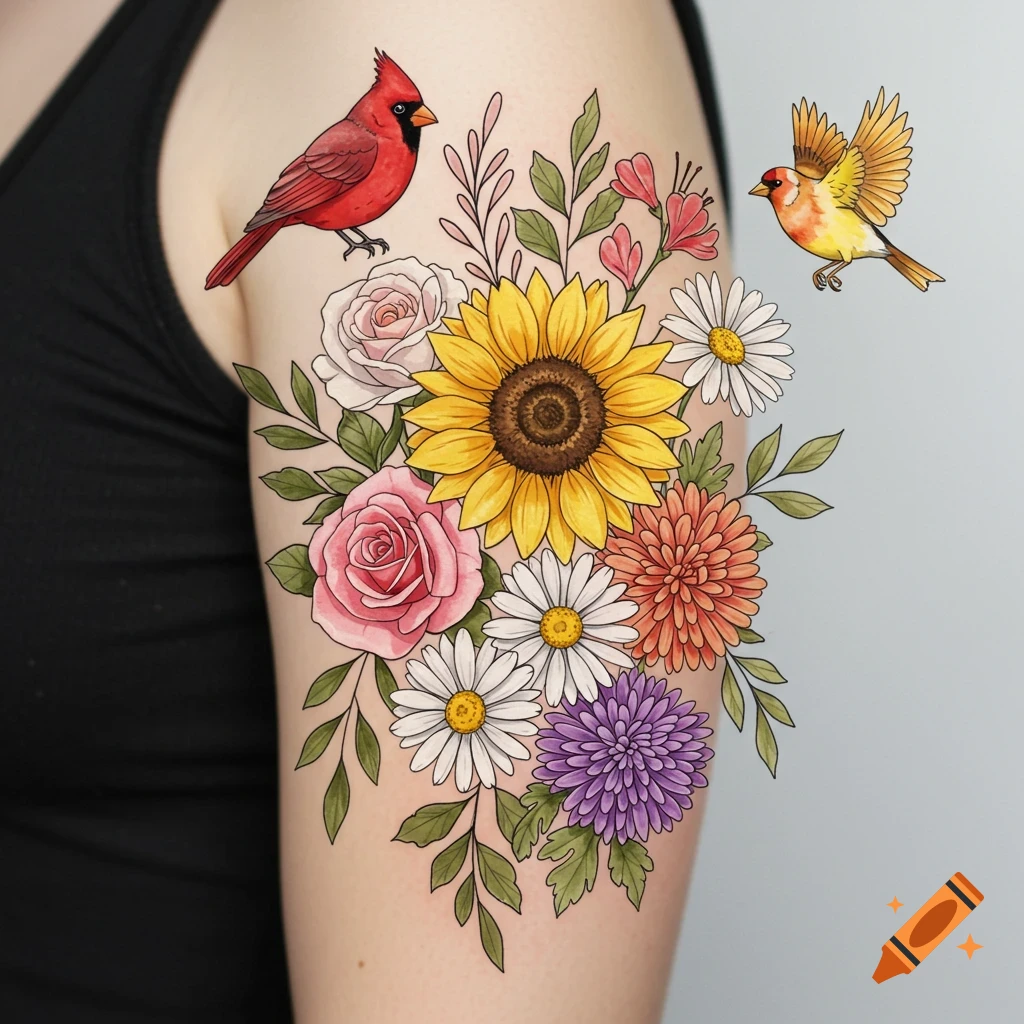 An illustrative tattoo on an arm features a vibrant bouquet of a sunflower, pink roses, white daisies, and purple chrysanthemums, with a red cardinal perched on the flowers and a yellow finch flying nearby.