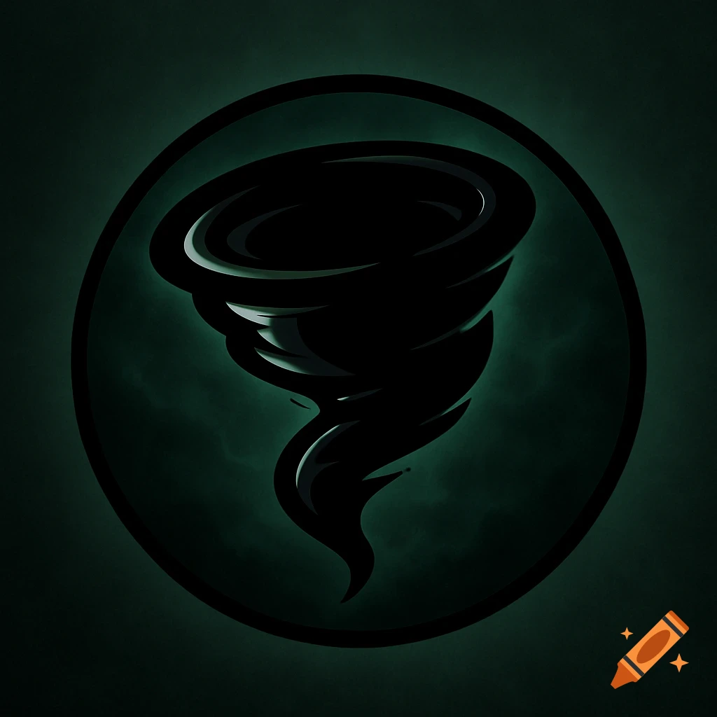 A dark, glossy tornado logo within a circular outline on an eerie dark green background.