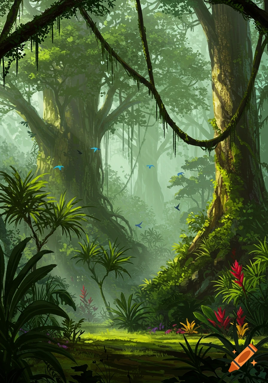 A vibrant, lush jungle with large trees, dense foliage, hanging vines, and small blue birds flying through the misty air.