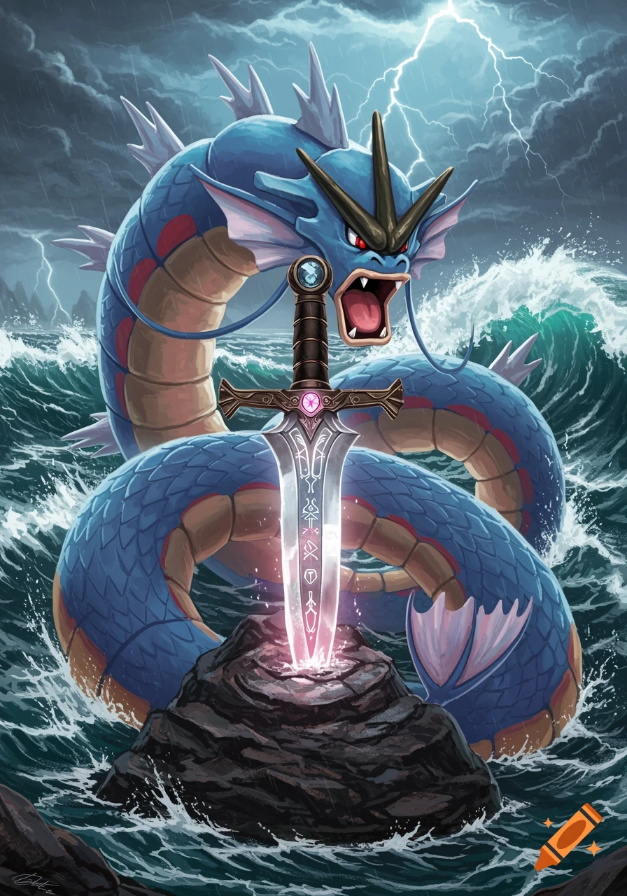 Gyarados, a giant blue serpentine creature, coils around a glowing sword plunged into a rock in a stormy sea with lightning.