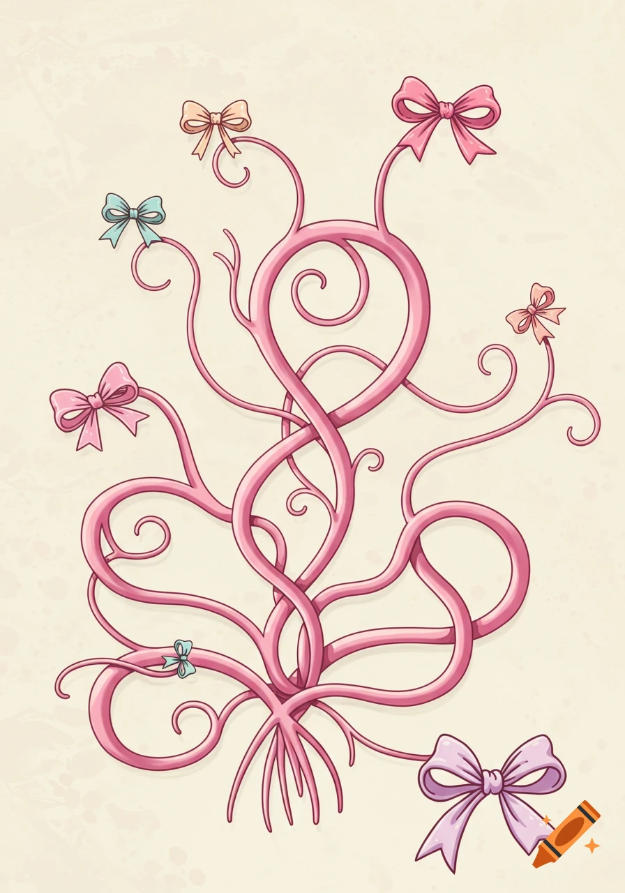 Pink intertwined organic shapes with colorful pastel bows on a textured light background, in an illustrative style.