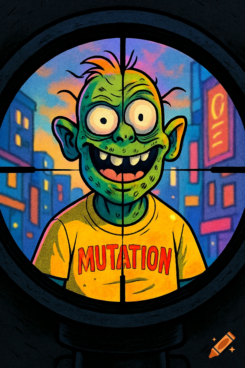 A cartoon green-skinned mutant with large eyes and a wide smile, wearing a yellow t-shirt with "MUTATION" in red letters, seen through a sniper scope against a city skyline at dusk.