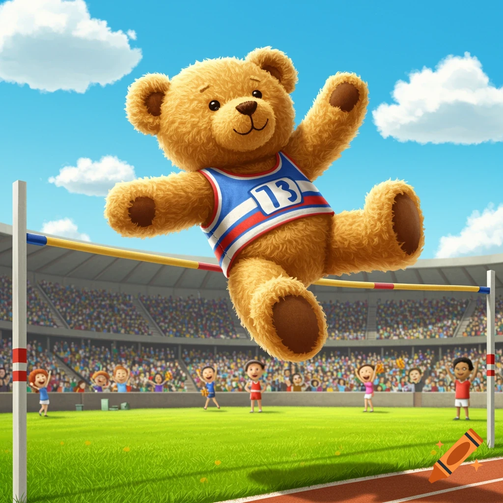A fluffy teddy bear in a blue and white sports jersey with '13' on it high-jumping over a bar in a stadium.