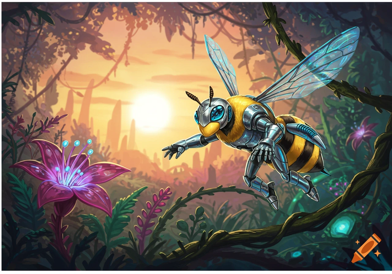 A vibrant illustration of a metallic bee with translucent wings flying through a fantastical jungle at sunset.