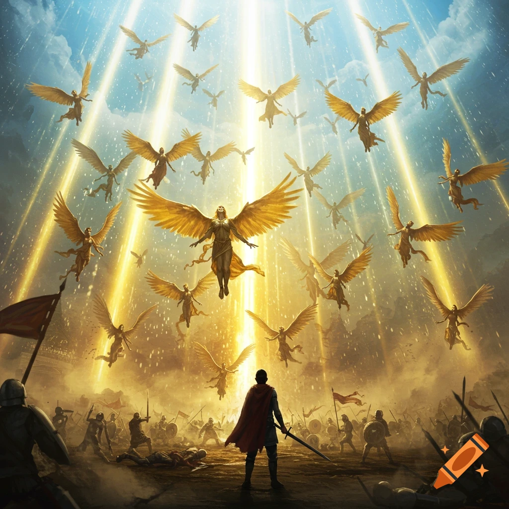 Golden-winged angels descend from luminous skies over a chaotic battlefield with warriors, in a dramatic digital painting.