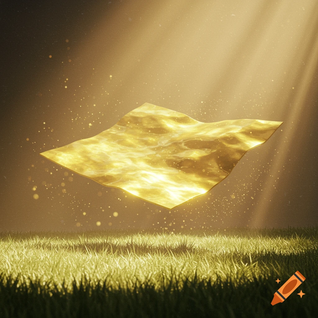 A shimmering golden sheet floats above green grass, illuminated by ethereal light rays and dust particles.