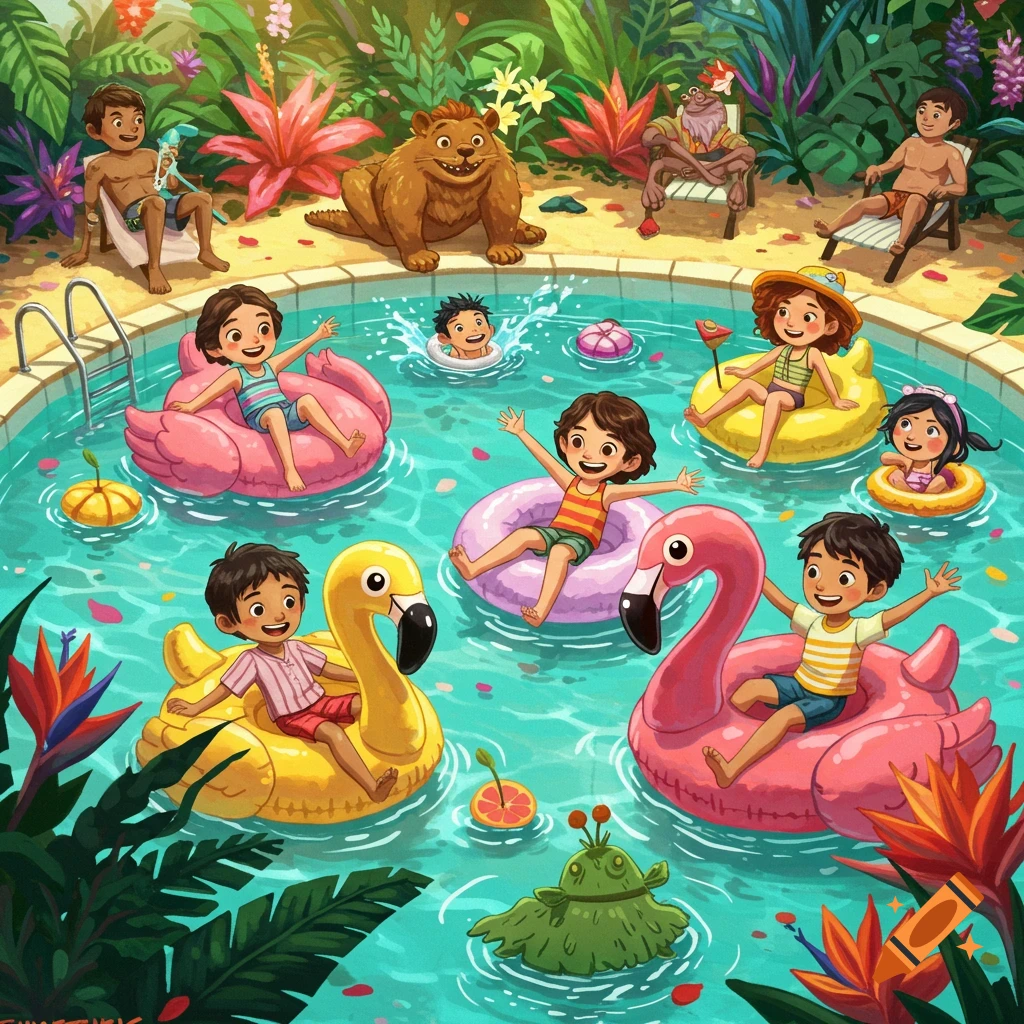 Colorful illustration of children and fantasy creatures playing in a tropical pool with flamingo and swan floats.