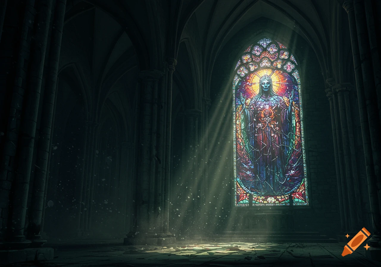 Dark Gothic cathedral interior with sunlight streaming through a large, colorful stained glass window depicting a cosmic horror deity.