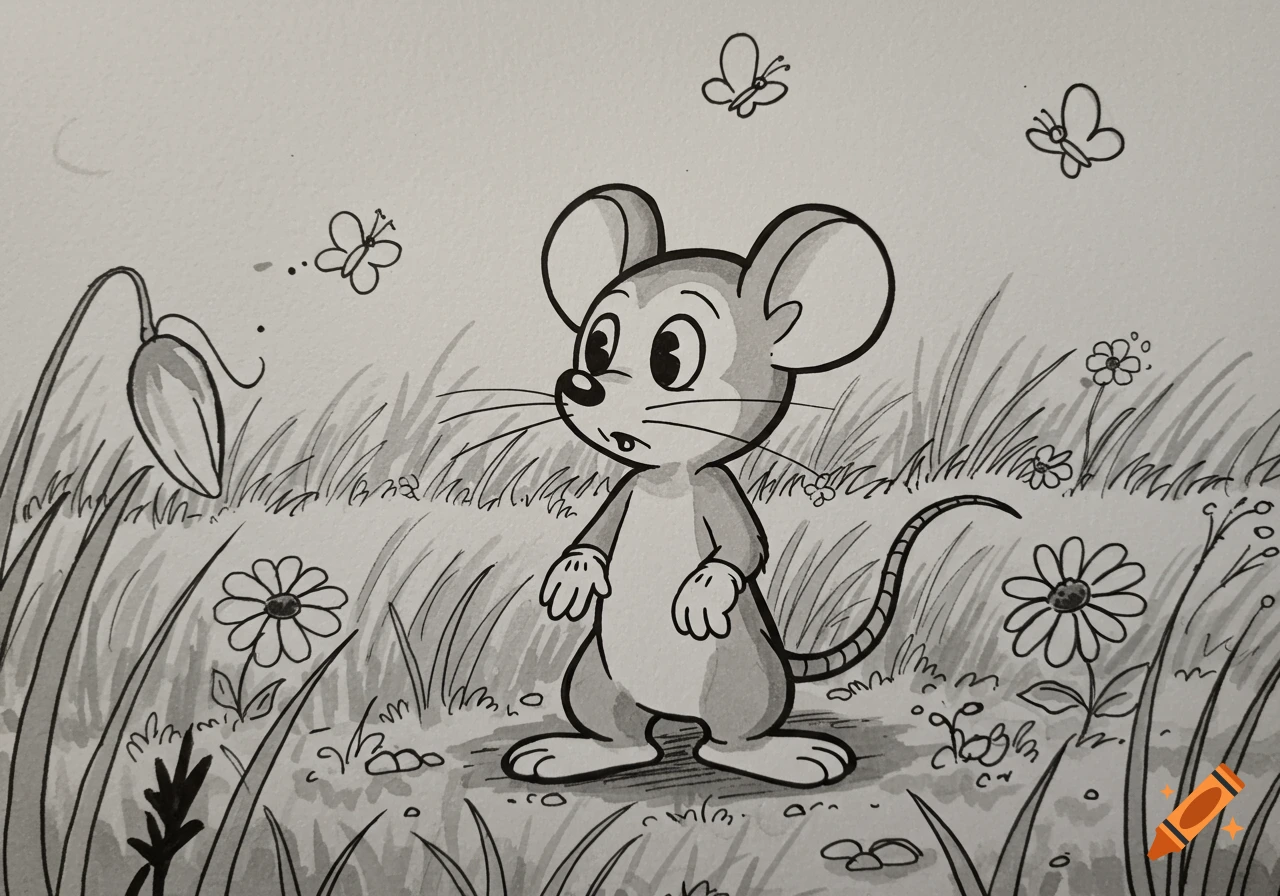 A black and white cartoon drawing of a mouse standing in a grassy field with flowers and butterflies.