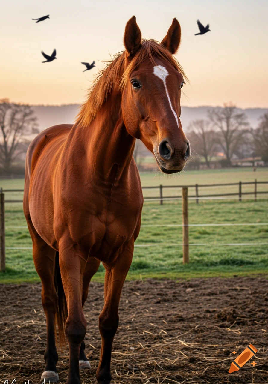 A brown horse with a white stripe on its face stands in a muddy field with a fence and trees, under a sunset sky with birds flying. Photorealistic.
