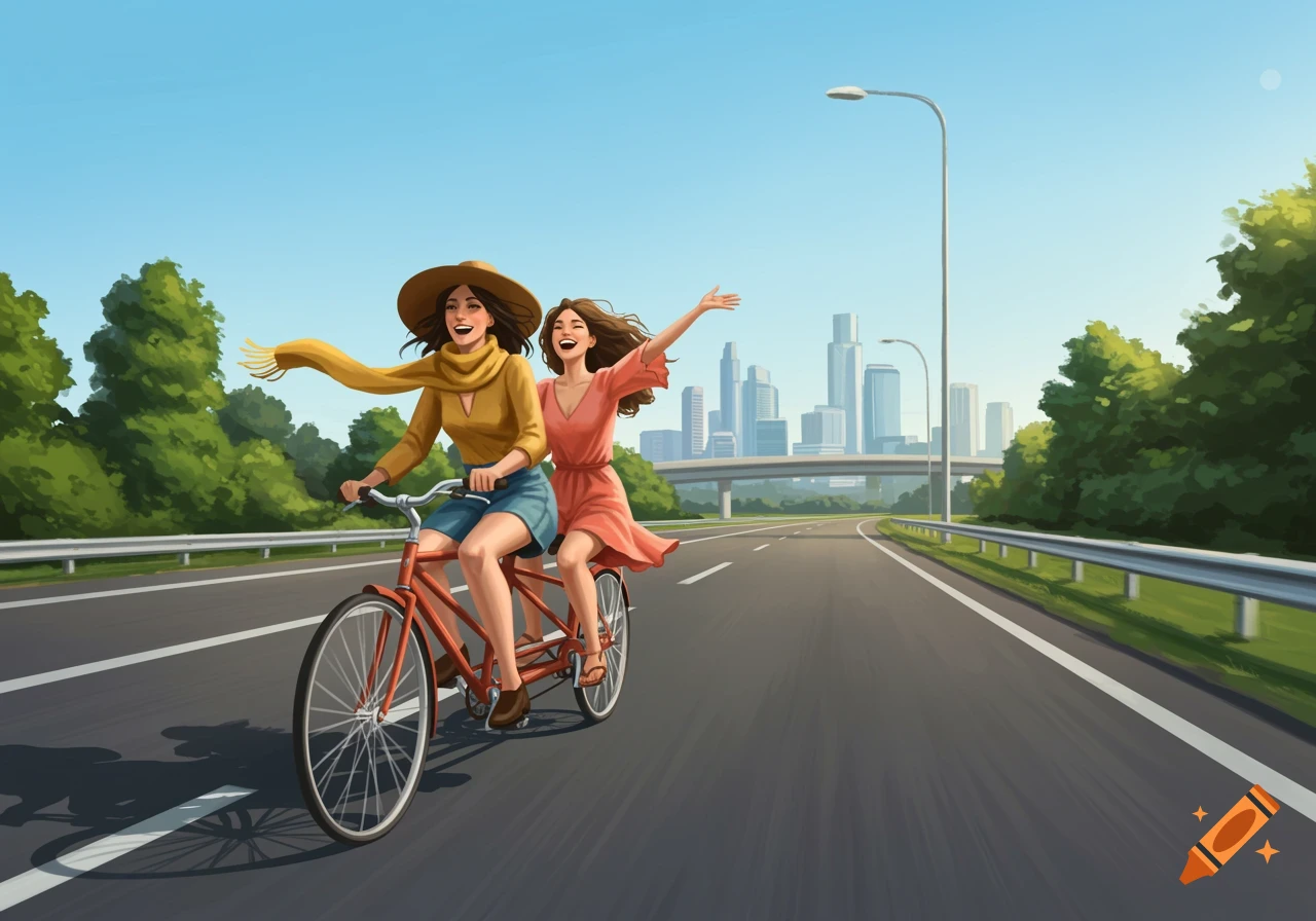 Two happy women ride a tandem bicycle on a road with trees and a city skyline in the background, in an illustrated style.