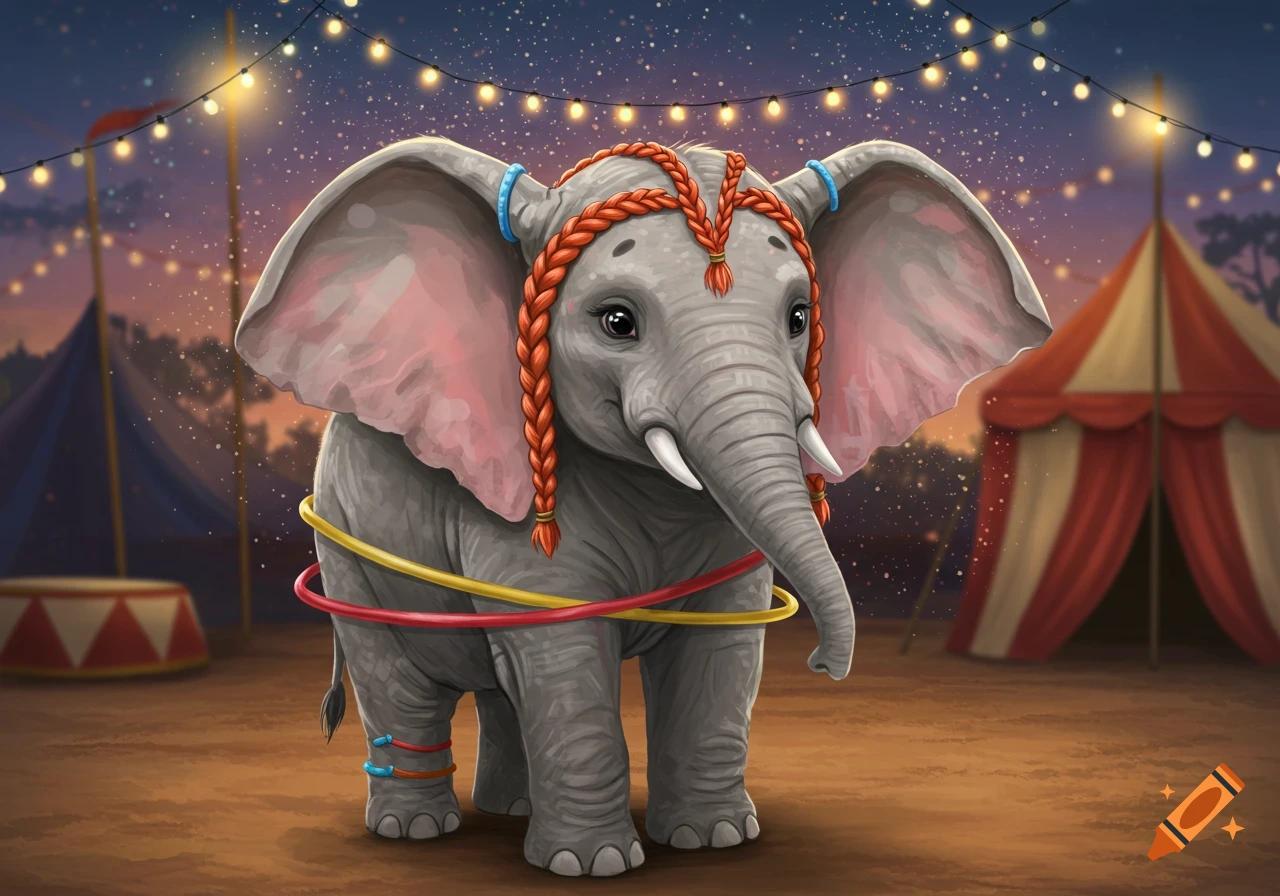 A cute elephant with orange braided hair and colorful hoops stands in a circus setting with tents and string lights.