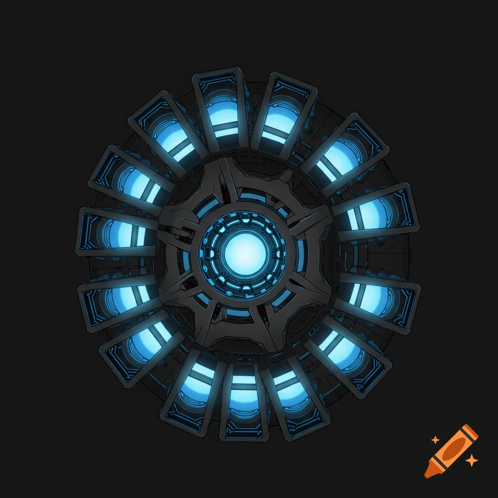 A glowing blue and metallic circular arc reactor with radiating segments in a graphic art style.