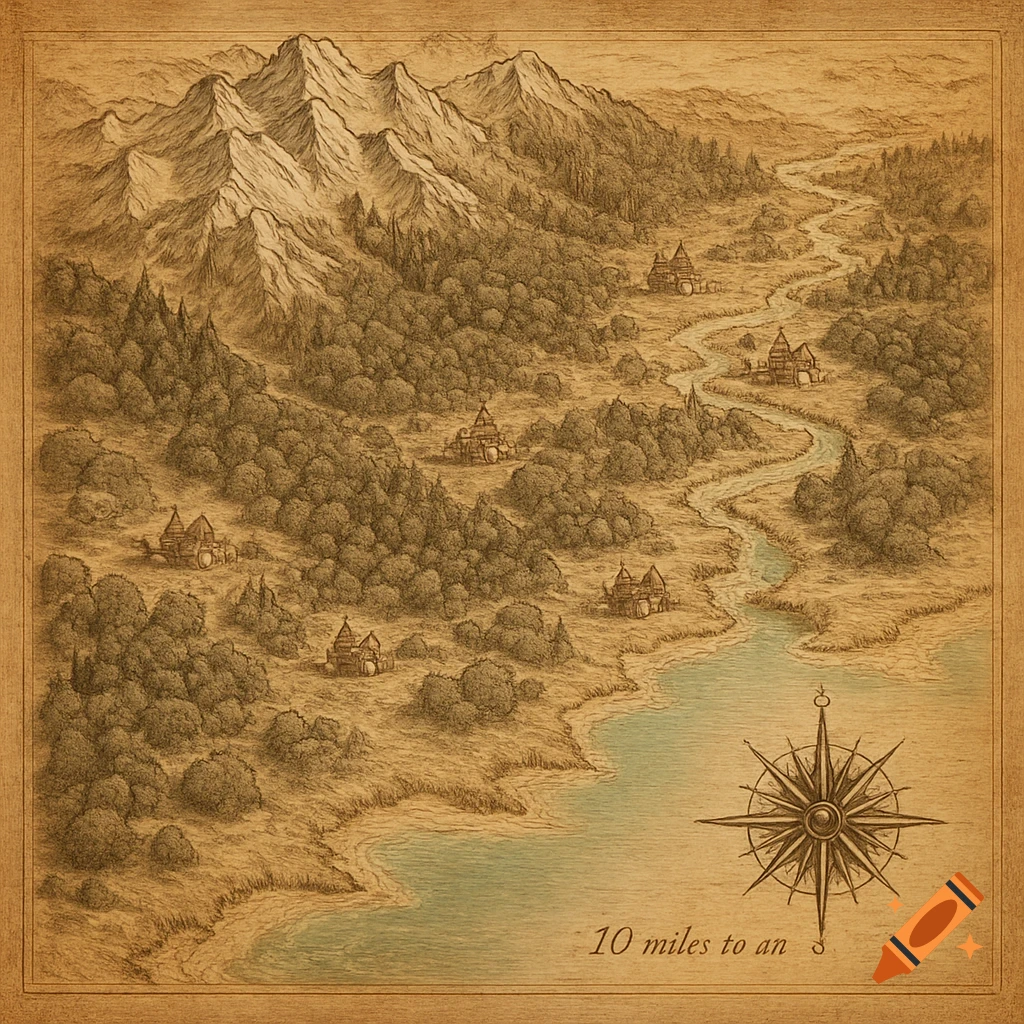 A vintage, hand-drawn fantasy map depicting mountains, forests, a winding river, a lake, and a compass rose with scale text.
